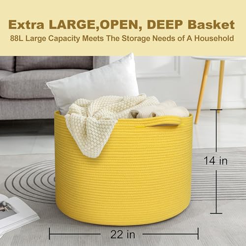 MEGASKET Extra Large Yellow Basket, 22” X 22” X 14” Cotton Rope Yellow Decor for Living Room Bedroom, Woven Basket for Blanket, Laundry, Towel, Shoe, Baby Nursery Toy Organizer, Room Decor Storage Bin - color: Yellow, size: 22"x22"x14"