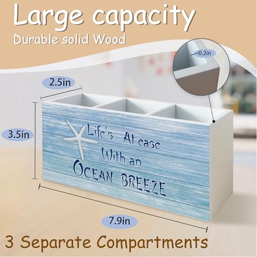 Coastal Beach Pen Pencil Holder for School Home Office Desk, Beach Decor Wooden Pencil Holder Sign Organizer for Home Office Desk Accessories, Coastal Gifts for Women Men - color: light blue