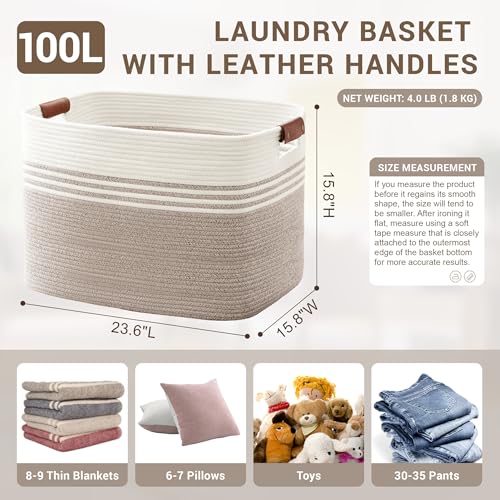 100L Extra Large Laundry Basket with Leather Handles for Living Room Storage, Woven Rope Baskets for Blanket, Kids Toy, Gifts, Wicker Hamper for Bedroom Dirty Clothes, 24"x16"x16" White Brown - color: Brown, size: 100L