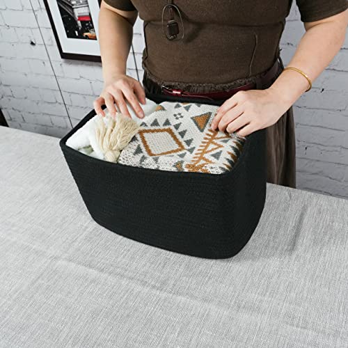 Cotton Rope storage Basket Bins 15X10X9.3“ Woven Basket for Organizing Shelves Rectangle Decorative Baskets For storage Clothes Toys Books Towels Square Wicker Nursery basket organizer 3 pack black - color: black