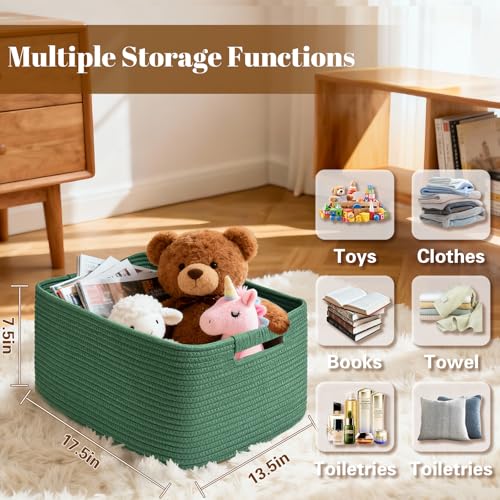 4 Pack Large Storage Basket for Organizing, 17.5"x13"x7" Woven Basket for Shelves, Closet Cube Storage Bins with Wrapped Handle, Cotton Rope Baskets for Kitchen, Clothes, Toys(Green) - color: Green, size: 4 Pack
