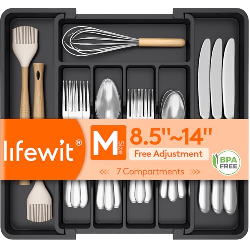 Lifewit Expandable Silverware Organizer, Plastic Utensil Tray for Kitchen Drawer, BPA Free Flatware Cutlery Holder, Space-Saving Storage for Spoons Forks Knives, 8.5-14 x 12 x 1.5 inch, Black - color: Black, size: Medium (8.5-14''W x 12''D)
