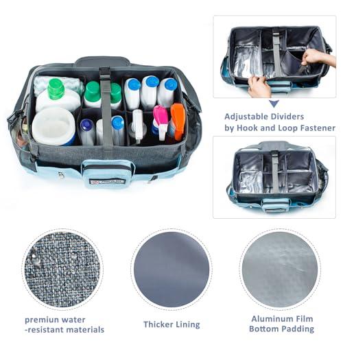 Large Cleaning Supplies Organizer-Cleaning Caddy Organizer With Handles & Shoulder Strap-Cleaning Bags for Cleaning Suppliers-Housekeepers Wearable Cleaning Tote Upgraded - color: Grey-Blue