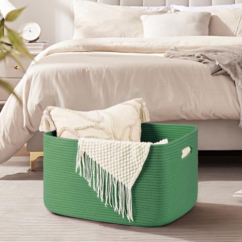 OIAHOMY 75L Large Blanket Basket, Woven Cotton Rope Baskets for Organizing 22”x17”x12”, Blanket Basket living Room, Toy Storage Bins for Nursery, Green - color: Green, size: 22”x17”x12”