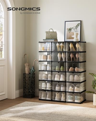 SONGMICS Foldable Shoe Boxes, Pack of 18 Stackable Shoe Storage Organizer, Set of 3 Integraed Shoe Cabinets, Portable, Fit up to US size 13, 60s Assembly, Transparent and Ink Black ULSP207B01 - color: Transparent + Ink Black, size: 6 Tiers (18 Pairs)