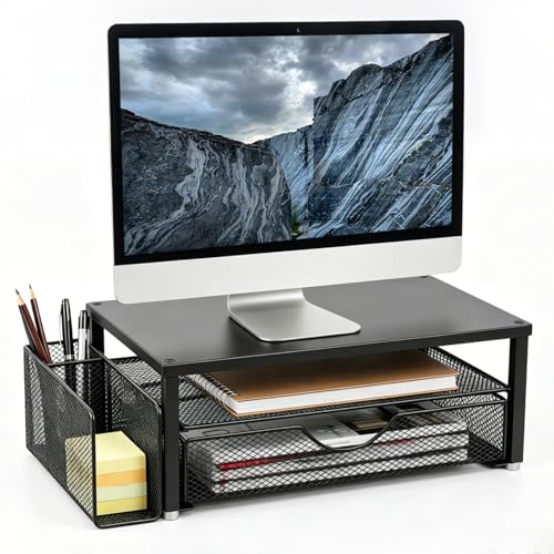 Spacrea Desk Organizer and Accessories, Computer Monitor Stand Riser with Drawer and 1 Open Pen Holder, Printer & Laptop Stand, Office Desk Accessories for Home Office Supplies (Black) - color: Black - Metal Drawer