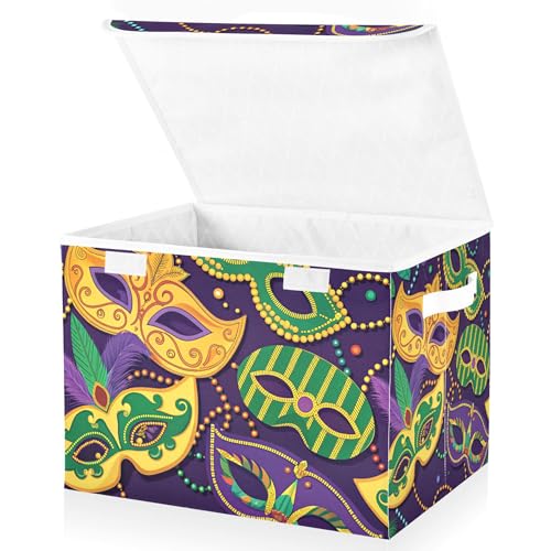 xigua Mardi Gras Mask Storage Bins with Lids and Carrying Handle,Foldable Storage Boxes Organizer Containers Baskets Cube with Cover for Home Bedroom Closet Office - color: Mardi Gras Mask