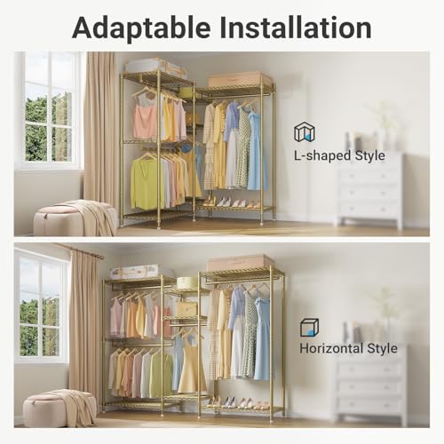 VIPEK Classic V6 Wire Garment Rack Heavy Duty Clothes Rack with 7 Adjustable Shelves & 4 Hanging Rods, Compact DIY Metal Clothing Racks 68.9" L x 15.7" W x 76.4" H, Max Load 840LBS, Gold - color: Gold, size: Classic V6 Standard
