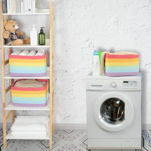 XUANGUO 3-Pack Rainbow Storage Baskets 15X10X9.3“ – Woven Toy Organizer Bins for Kids, Baby Room, Nursery, and Classroom – Cute Square Rope Baskets for Shelves and Organization Rainbow - color: Rainbow red