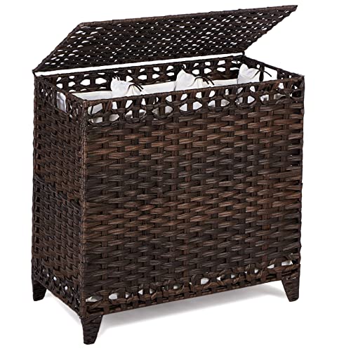 Laundry Hamper with 3 Removable Liner Bags; 132L Handwoven Rattan Laundry Basket with Lid & Heightened Feet; Clothes Hamper with Side Handles; Laundry Sorter with 3 Separate Sections - color: Brown, size: 132L-3 Section