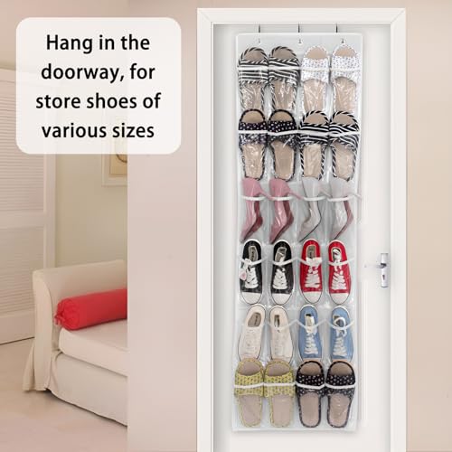 24 Pockets Over the Door Shoe Organizer, Large Hanging Shoe Rack for Door, Mesh Pocket for Closet with 3 Metal Hooks, Jewelry Organizer Holder for Sneakers Men Women Bedroom (White) - color: white