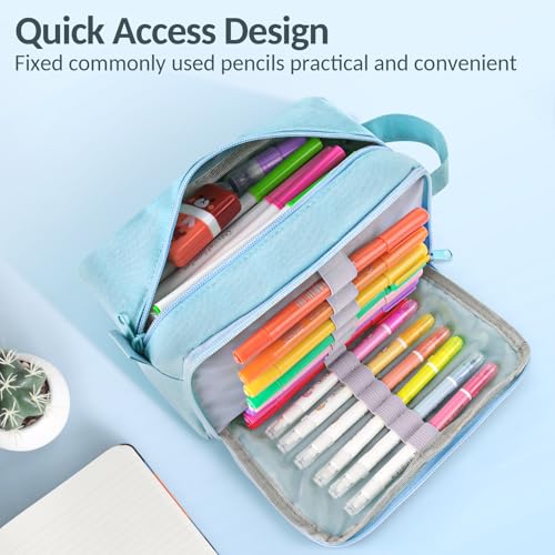 Sooez Original High Capacity Pencil Case, Big Pencil Bag Pouch Box Organizer Pen Case, Aesthetic Supply for Girls Adults, Portable Journaling Supplies with Easy Grip Handle & Loop, Blue - color: Light Blue