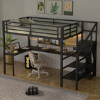 Bellemave Full Size Metal Loft Bed with L Shaped Desk and Wardrobe, Heavy Duty Loft Bed Frame with Storage Stairs, LED Loft Bed Frame with Charging Station & Safety Guardrails, Black - color: Black, size: Full