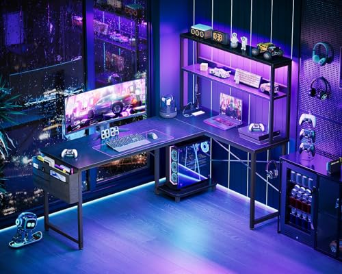 AODK L Shaped Desk Gaming Desk with LED Light & Power Outlet, 61 Inch Reversible L Shaped Computer Table with Shelf & Storage Bag & Hook for Home Office, Black - color: Black, size: 61 inch