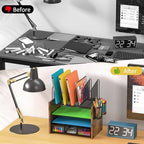 DAOUTIME 4-Tier Mesh Desk Organizer, Wooden Desk File Organizer with 5 Vertical File Holders and 2 Pen Holders, Desktop Organizers and Accessories with Drawer for Home Office - size: With Drawer