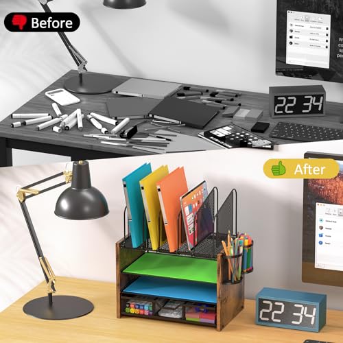 DAOUTIME 4-Tier Mesh Desk Organizer, Wooden Desk File Organizer with 5 Vertical File Holders and 2 Pen Holders, Desktop Organizers and Accessories with Drawer for Home Office - size: With Drawer