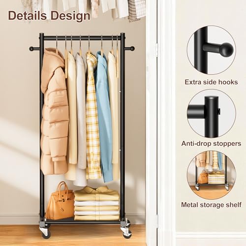 MISSLO Small Clothing Racks for Hanging Clothes 45" Short Clothes Rack with Shelves Metal Rolling Garment Rack with Wheels for Small Space, Closet, Wardrobe, Adults & Kids, Black - color: Black