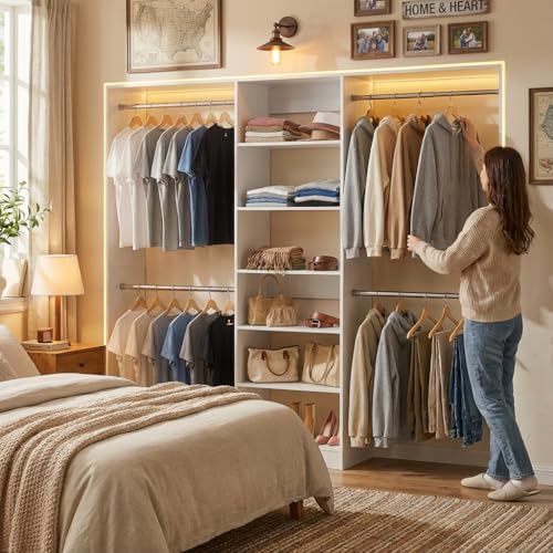 Homieasy Closet System, 4.5-11.5 Ft Expandable Closet Organizer with 5 Hanging Rods, Walk-in Wood Closet Organizer System with Storage Tower, Heavy Duty Garment Rack Wardrobe for Bedroom, White - color: White