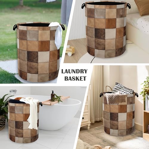 Vintage Cowhide Laundry Basket,Oxford Cloth Laundry Hamper with Handle Foldable Portable Clothes Storage Basket for Bathroom Bedroom Dorm Room 16" x 20.8" - color: Vintage Cowhide