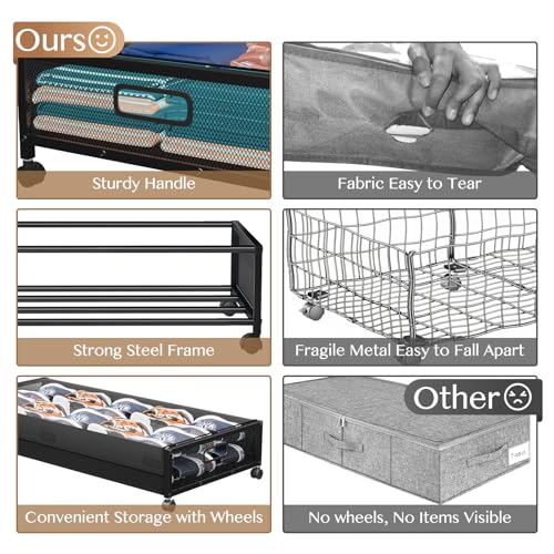 Under Bed Storage with Wheels,2 Pack Under Bed Storage Containers with Clear Lids,Under the bed storage Organizer Bins, Large Rolling Under Bed Metal Drawer for Clothes,Shoes,Blankets