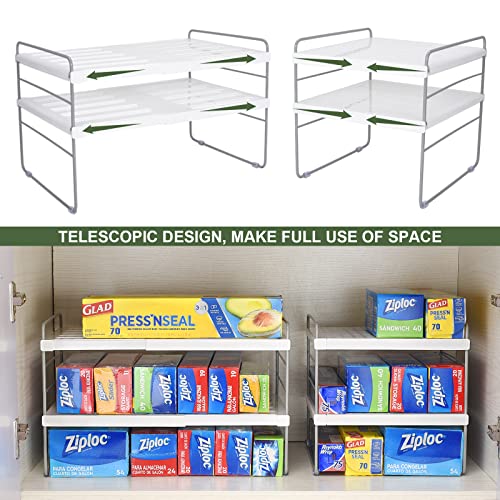 2 Pack Expandable Kitchen Wrap Organizer Rack, Height & Width Adjustable Aluminum Foil and Plastic Wrap Organizer for Pantry, Cabinet Food Wrap Organization and Storage - (3 Tier 9.8 to 15.6"L) - color: White-2P
