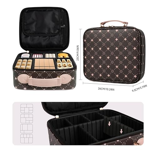 Travel Makeup Bag,Waterproof Cosmetic Organizer, Adjustable Dividers,Portability Cosmetic Train Case,Makeup organizer,Gift for Women,Girls Gift (Coffee+Pink) - color: Coffee+Pink