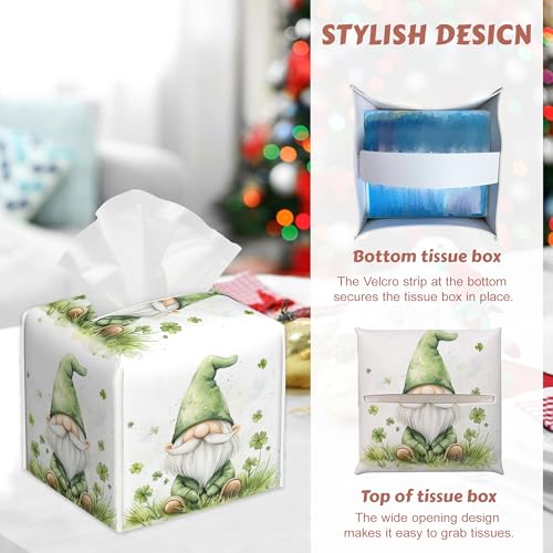 St.Patricks Day Tissue Box Cover Square,Lucky Four Leaf Clover Gnomes Tissue Box Holder Leather Facial Paper Case Modern Home Decoration for Bathroom Kitchen Bedroom Night Stands, 2 Pcs - color: Four Leaf Clover Gnomes