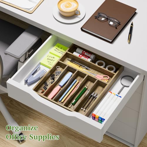 Kiasthome Acacia Wood Silverware Drawer Organizer, Kitchen Utensil Cutlery Drawer Organizer with Grooved Dividers, Flatware Organizer Silverware Tray Holder for Spoon, Fork, 13''x16.9'' (7 Slots) - size: 7 Slots