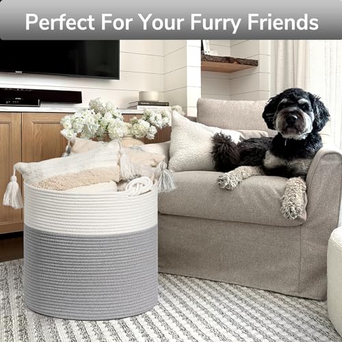 Goodpick Toy Basket for Kids, Woven Rope Blanket Basket for Living Room Nursery Baby Laundry Baskets for Organizing Clothes, Gray - color: Grey, size: 15 × 14.2 inches