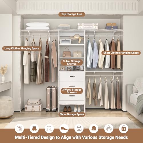 Besiost Closet System with Drawer - 8FT Wood Closet Organizer System with 3 Hanging Rods and Shelving Tower, 96" Walk In Closet Organizer Wardrobe, Heavy Duty Garment Rack Clothes Rack, White - color: White