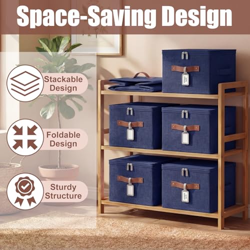 6 Pack Fabric Closet Storage Bins with Zipper Lids and Label, 10×8×7In Large Size Foldable Cotton Linen Storage Cubes Boxes with PU Leather Handles Holders for Bedroom, Nursery, Dark Blue - color: Dark Blue, size: 10×8×7in