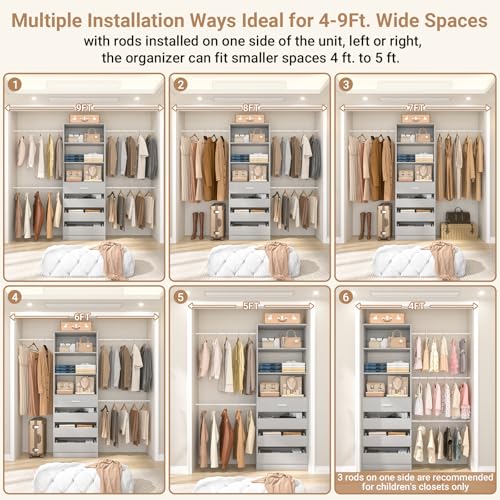 Aheaplus Closet System Set of 2, 4-9Ft Wood Closet Organizer with Drawers & Shelves, Closet Organizer System with 8 Hanging Rods, Walk-in Closets Organizer Wardrobe Closet Rack, Grey - color: Grey-2Sets