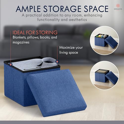 Ornavo Home Small Storage Ottoman Foldable Collapsible Cube Square Linen Ottoman Foot Rest Stool Seat, for Living Room, Bedroom, Home Office, Dorm - 12 x 12 x 12, Navy Blue - color: Navy