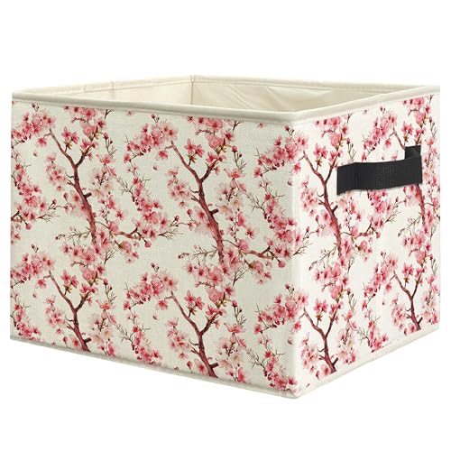 Pink Cherry Blossom Floral Storage Bin Box with Handles, Oriental Aesthetic Cherry Flower Foldable Linen Fabric Laundry Basket for Home Bedroom Bathroom Clothes Toys Books - color: Floral-E