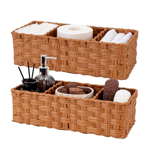 GRANNY SAYS Bathroom Toilet Organizer, Back of Toilet Storage Basket, Waterproof Storage for Shelves, 3 Section Wicker Baskets, Caramel Orange, 2-Pack - color: Caramel