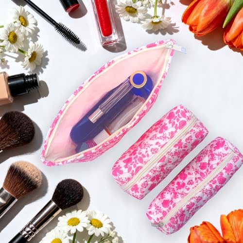 3 Piece Pink Quilted Floral Makeup Bag Set Small Cosmetic Bag For Women Cute Cotton Makeup Pouch For Purse - color: New 3Pcs pink