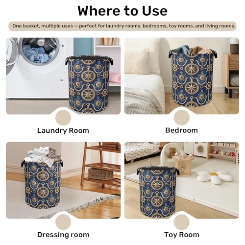 Navy Blue Sailor Anchor Laundry Basket with Handles - Extra Large Foldable Hamper for Bathroom/Laundry/Bedroom/Dorm, Washable Fabric Storage Bin - color: Navy Blue Sailor Anchor