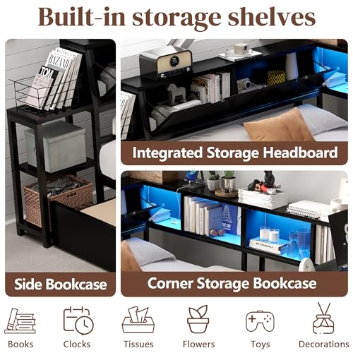 HRVEOCEI Corner Bed Frame Full with Storage Bookshelf & Desk, U-Shaped Daybed Frame with 2 Drawers, Metal Corner Beds with Charging Station & LED Lights for Bedroom, Flip Left or Right (Black, Full) - color: Black, size: Full