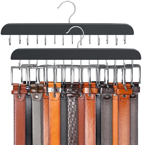Belt Hanger for Closet, Sturdy Wood Belt Rack Closet Accessories with 14 Hooks Belt Organizer for Closet Organizers and Storage Max 42 Belts-Black 2 Pack - color: Black, size: 2 Pack