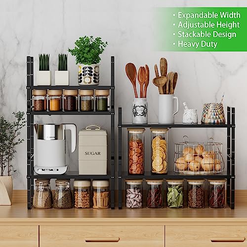 Expandable Cabinet Storage Shelf Stackable Organizer Rack for Kitchen Bathroom Pantry Spice Cupboard Countertop Home Office Desk Heavy Duty Nonslip Black Small 1 PACK - color: Smooth Black, size: Small - 8.1"D - 1 Pack