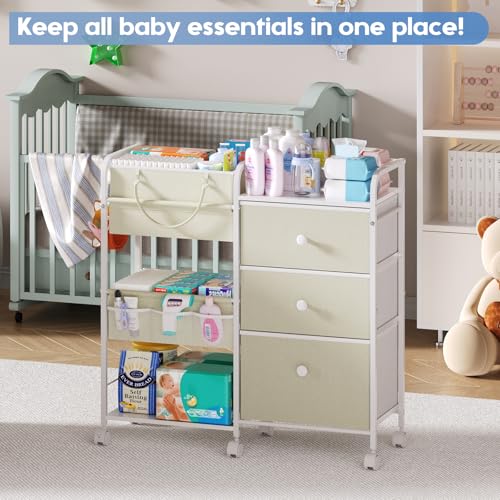 Cidaziya 2In1 Baby Diaper Caddy Organizers and Storage, 3 Tier Rolling Cart with Dividers and Drawers, Mobile Utility Cart Baby Dresser Clothes Organizer for Changing Table, Crib Nursery, Bedroom - color: White, size: 32.48"W x 11.42"D x 33.5"H