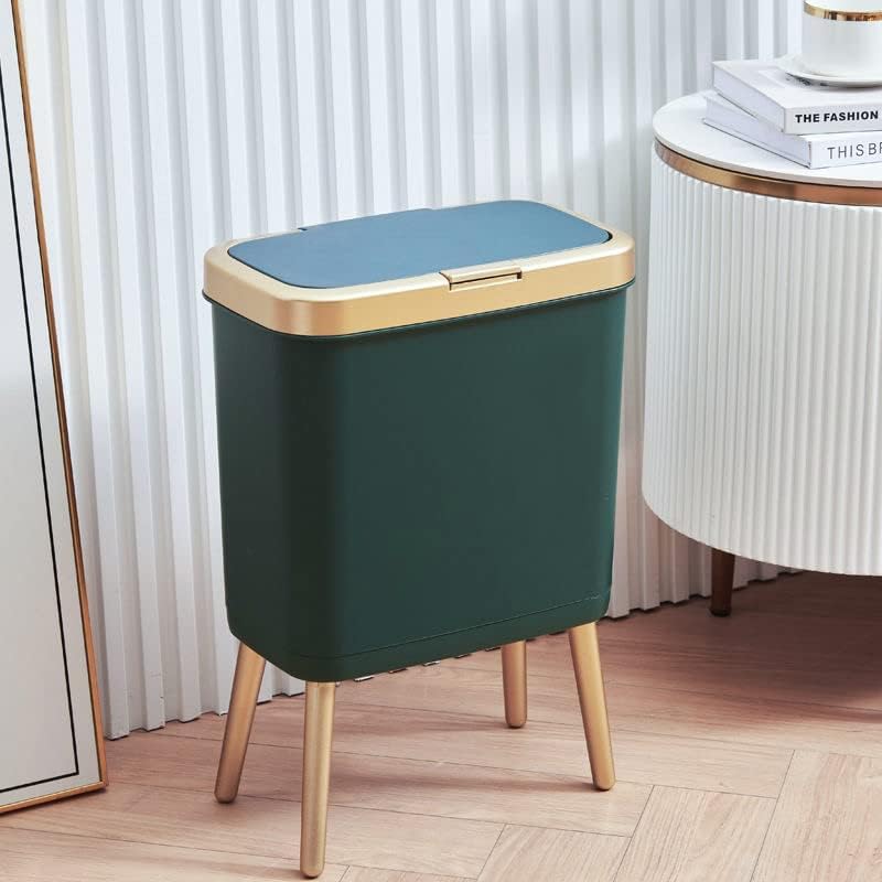 Procade Trash Can with Lid,Small Bathroom Garbage Can with Lid, Plastic Trash Can with Push Button,Narrow Waste Basket for Bedroom,Living Room, Toilet,Office,Kitchen,4 Gal-Gold Edge - color: Green