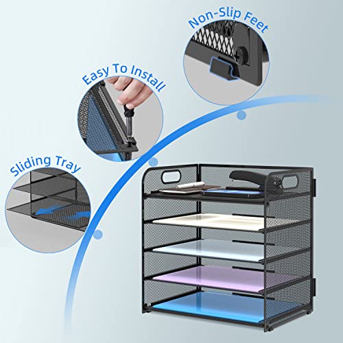 Supeasy 5 Trays Paper Organizer Letter Tray with Handle-Mesh Desk File Holders, Paper Sorter Desk Organizer for Office, Home, Classroom or School - color: Black