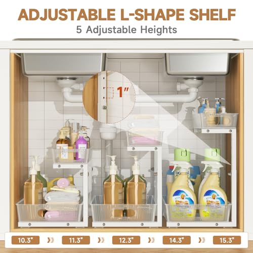 ETOYA 2 Pack Under Sink Organizer Kitchen, 2-Tier Pull Out Cabinet Organizer, L-Shaped Adjustable Height, Acrylic Under Sink Storage Shelf for Kitchen, Bathroom Vanity & Utility Closet - color: white