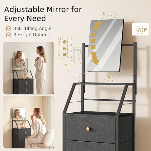 HIGDBFE 4-Drawer Dresser with Mirror, Vanity with 2-Tier Shelves, Fabric Chest of Drawers for Small Space, Vertical Storage Cabinet for Bedroom, Nightstand Bedside Table Furniture, Black, 15.3" W - color: Black