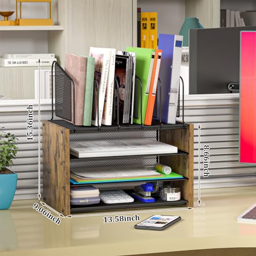 4-Tier Desk Organizer, Desk File Organizer with 5 Vertical File Holders, Office Desktop Organizer with 3 Level Paper Organizer Letter Tray, Wooden Desk Organizers and Accessories for Home Office - size: No Drawer