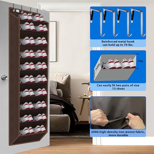 Over The Door Shoe Organizer, 70 Pounds Large Capacity, 20-30-Pair shoe organizer, Heavy Duty-Extra Deep Pockets ,Anti-Scratch Hooks & FSC-Certified Bamboo ,Engineered for Men’s Size 13 shoe,coffee - color: Coffee