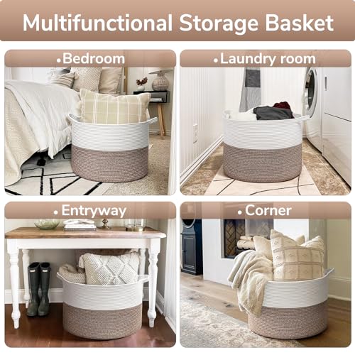 Goodpick Large Storage Basket, 83L Dorm Room Essentials, Blanket Woven Rope Basket for Living Room, Baby Blanket Storage, 21.7 x 13.8 inches - color: Mele, size: 21.7x21.7x13.8 Inch (Pack of 1)