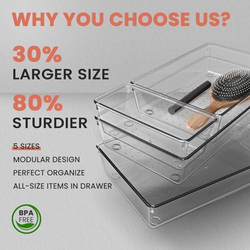 Large Clear Plastic Drawer Organizer 28 Pack - 5 Sizes (XL to small) Acrylic Drawer Organizer Trays for Kitchen Utensils, Gadgets, Bathroom, Vanity and Makeup, Office - Everything Can Be Organized! - size: 28 Pack