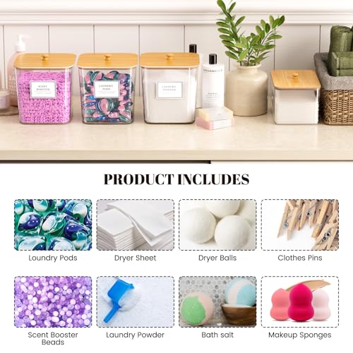 4 Pack Clear Laundry Pod Container, Laundry Room Organization Containers with Wooden Lids & Labels - Large Detergent Powder Storage for Room Organization, Scent Booster Holder - style: 4 Pack